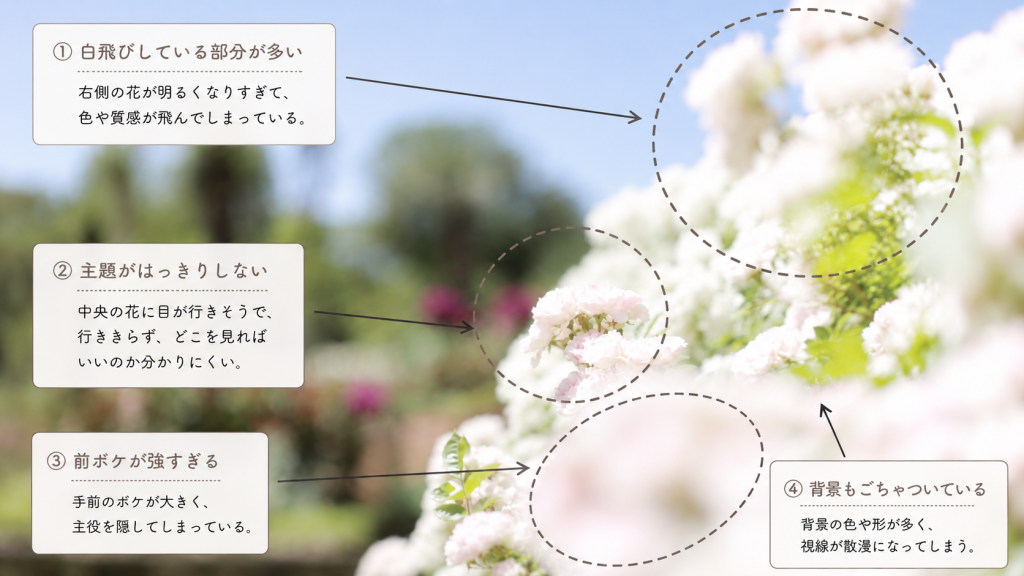 白いバラの写真で白飛びや主役が分かりにくい構図を説明した画像
