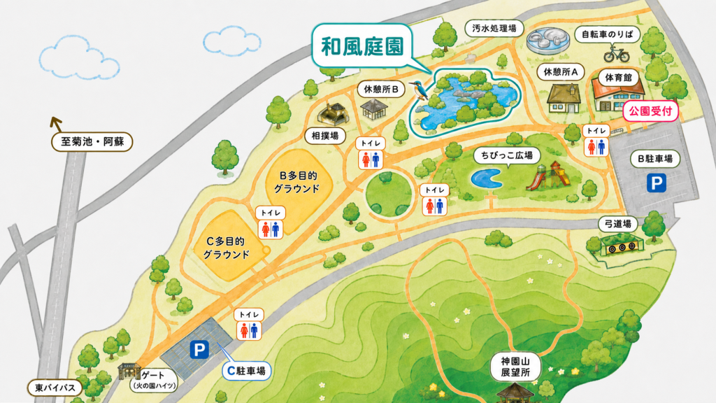 熊本県民総合運動公園の園内マップで、和風庭園の位置を示した案内図