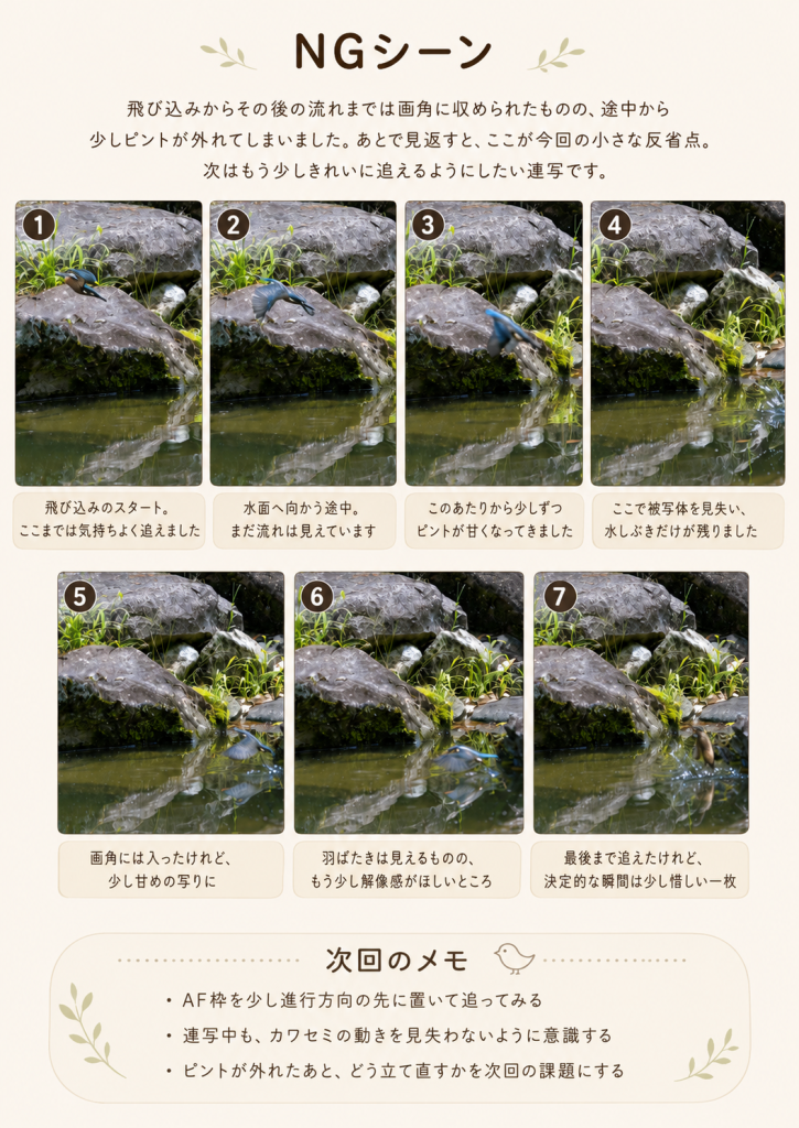 カワセミの飛び込みから着水までの連写で、途中からピントが外れた場面と次回の改善点をまとめた説明画像
