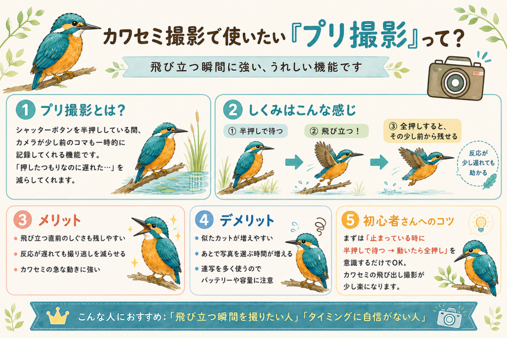 カワセミ撮影で使いたいプリ撮影の仕組みやメリット・デメリットを、カワセミのイラストで初心者向けに説明した図解

