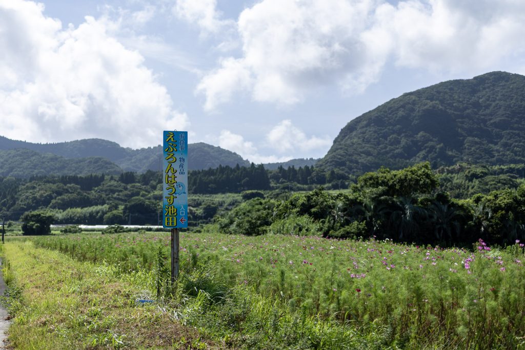 青空と雲の下、山々を背景に広がるレイクグリーンパークの花畑と、「えぷろんはうす池田」の案内看板