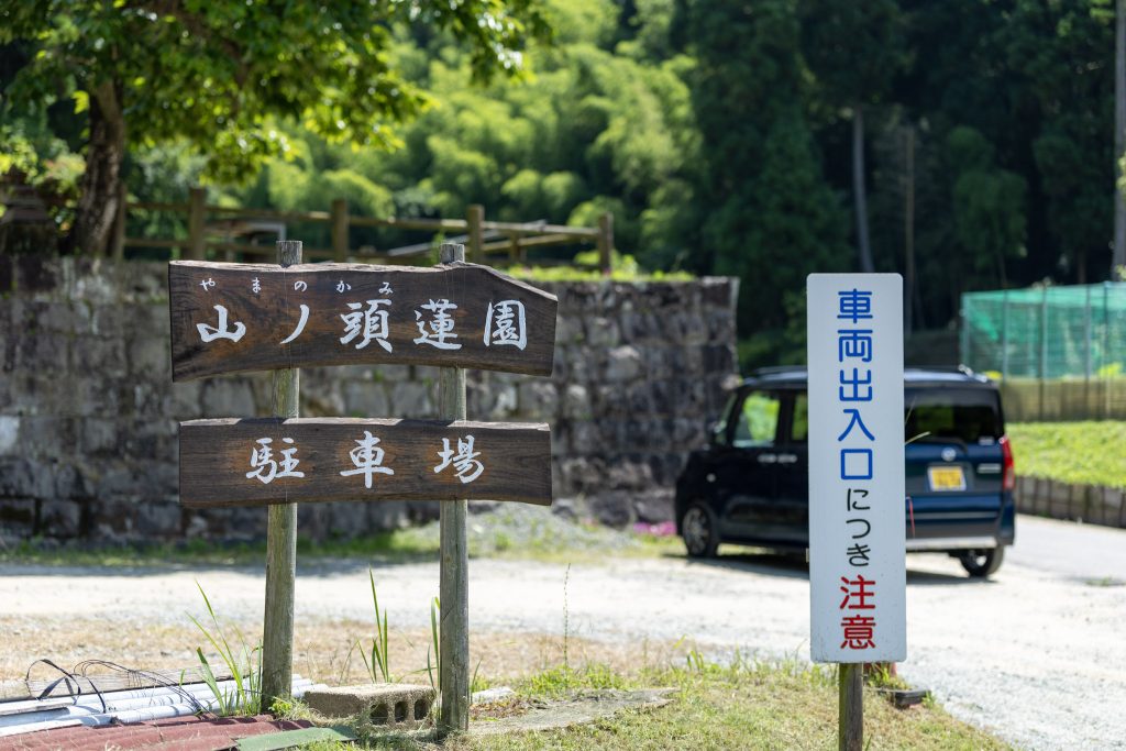 山ノ頭蓮園の駐車場入口にある木製看板と車両出入口の注意看板