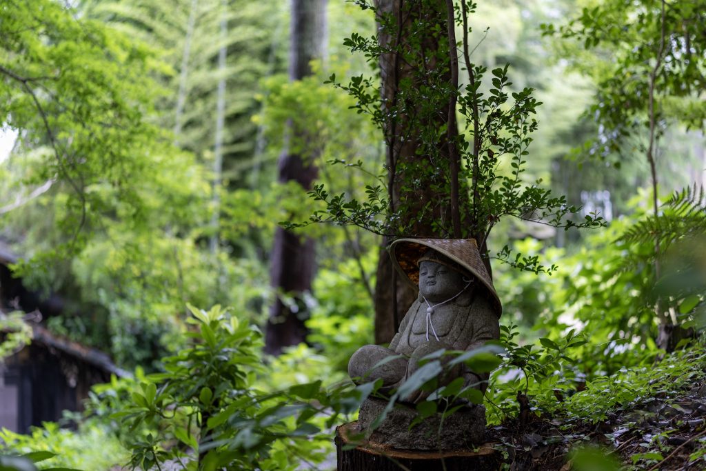 緑に囲まれた如意輪寺かえる寺の境内にたたずむ笠をかぶった石像