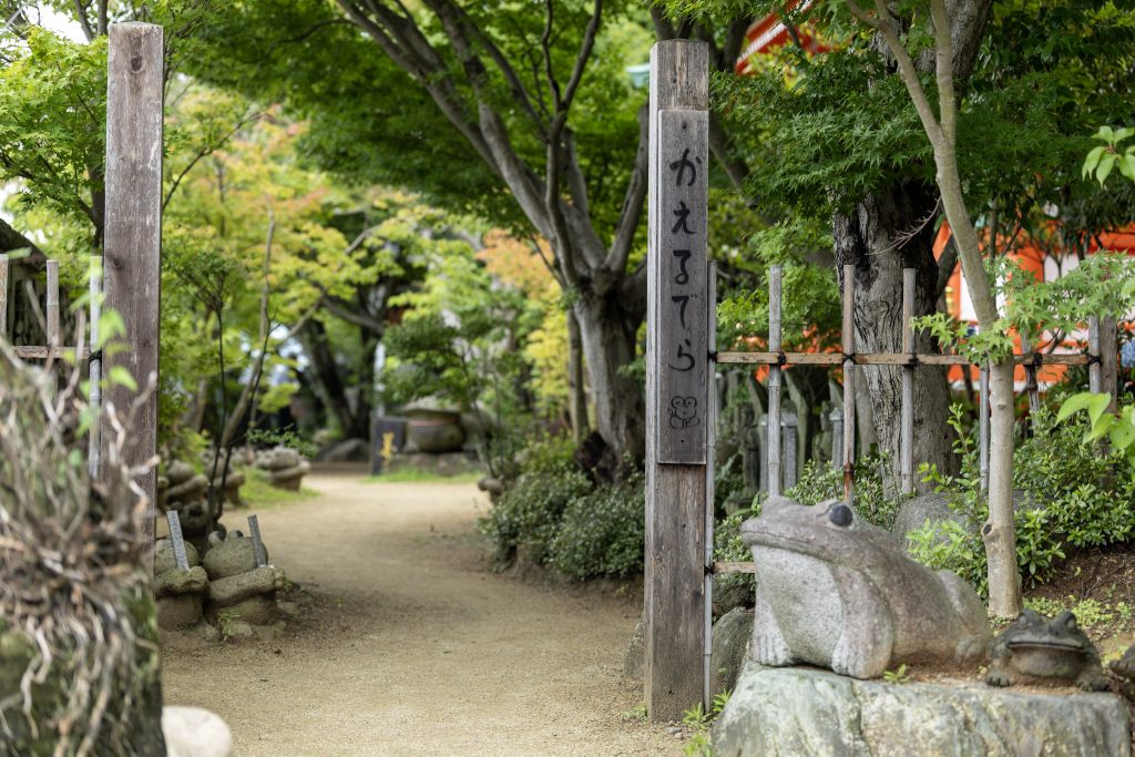 緑に囲まれた如意輪寺かえる寺の参道と、石のかえる像が並ぶ境内の風景