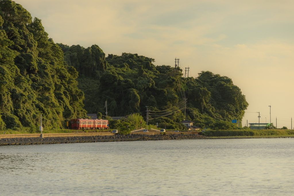 夕暮れの海岸沿いを走る赤い列車と緑に覆われた山の風景