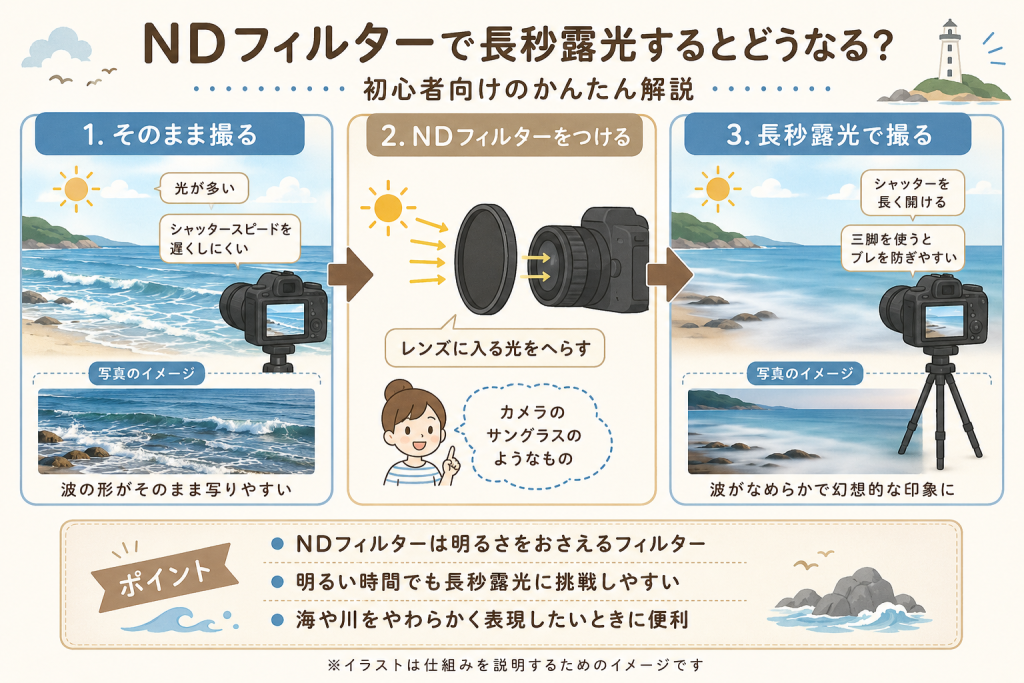 NDフィルターを使うことで光を抑え、海の波を長秒露光でなめらかに表現する仕組みを説明したイラスト