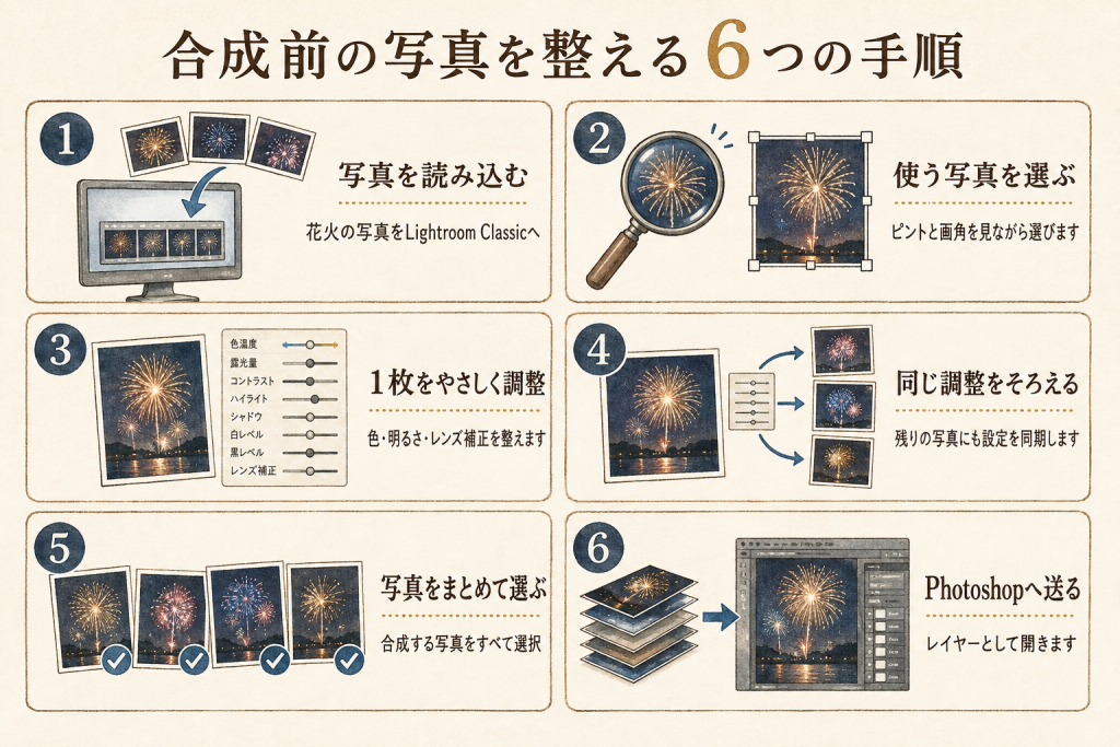 Lightroom Classicで花火写真を読み込み、調整してPhotoshopへ送るまでの6つの手順をまとめた図解